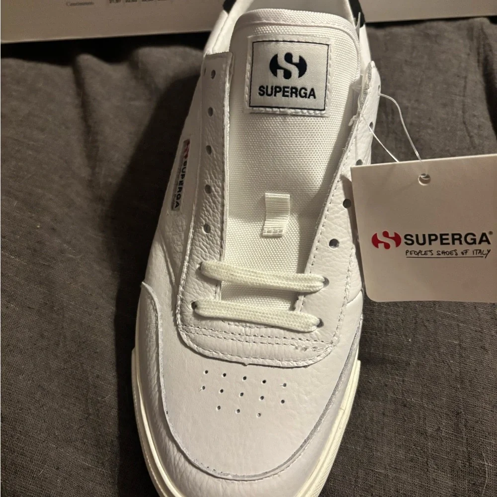 Superga 3854 Court Platform Leather Sneaker White w/Black Heel Tab Men’s 10 NIB - Picture 2 of 5